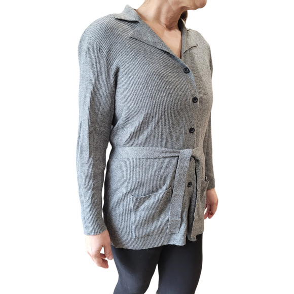 VNTG 90s Liz Claiborne Gray Belted Duster Cardigan Sweater S Petite Quietlux - Picture 3 of 10
